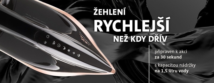 Žehlicí systém ETA Vapore 4290 90000 černý Parní generátor ETA Vapore na pozadí z černé látky s textem: Žehlení rychlejší než kdy dřív. Připraven k akci za 30 sekund s kapacitou nádržky na 1,5 litru vody
