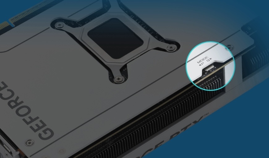 Detail přepínače BIOS módů pro výkon a tichý chod grafické karty