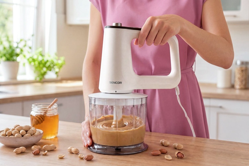 Žena si právě připravila domácí burákové máslo za pomocí ručního šlehače Sencor SHM 7950WH 3 v 1