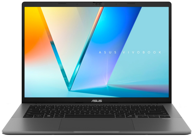 Čelní pohled na ASUS Vivobook S14 s 14″ OLED displejem a klávesnicí