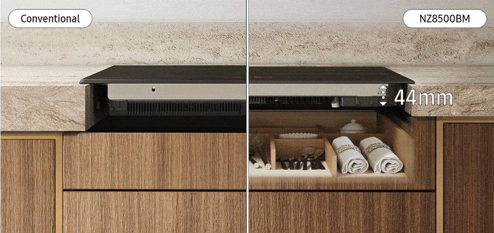 Srovnání výšky standardních varných desek a tenké varné desky indukce Samsung NZ64B6056GK/U2