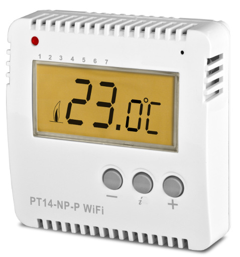 Detail displeje a ovládacích tlačítek termostatu Elektrobock PT14-NP-P Wi-Fi