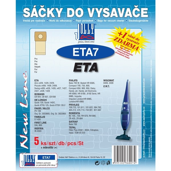 Sáčky Jolly do vysavače ETA i Philips v počtu 5 + 1 ks, snadná instalace