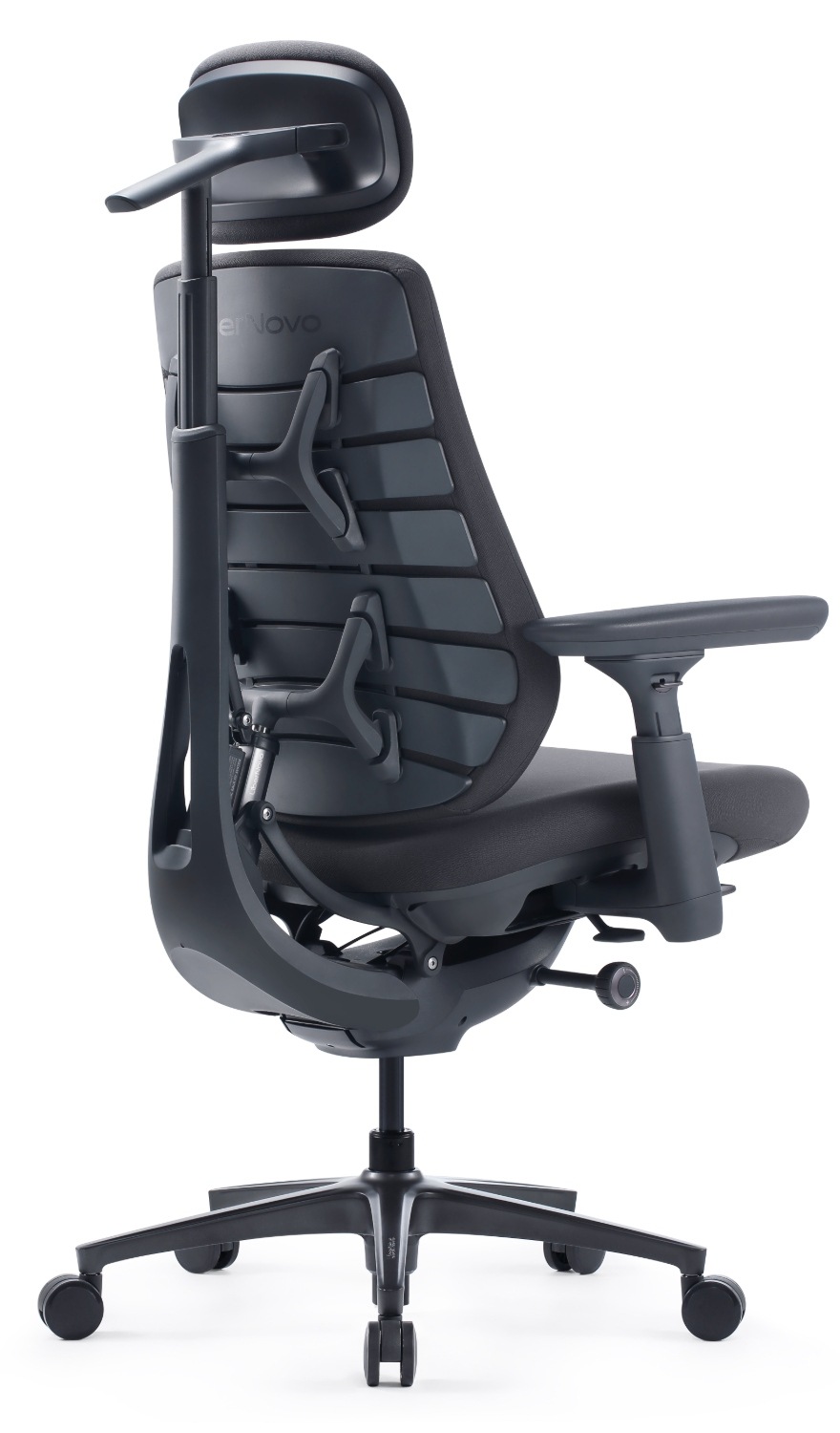 Ergonomická židle LiberNovo Maxis Electric Graphite 52 cm zezadu s detailem konstrukce ergonomického opěradla