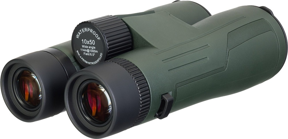 Dalekohled Levenhuk New Karma PRO ED 10x50 zelený Detail okulárů a ostřicího kolečka s označením parametrů