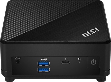 PC mini MSI Cubi 5 1M-610EU černý Mini PC MSI Cubi 5 zepředu v černém provedení, s dvěma USB-A, USB-C, audio konektorem a tlačítkem napájení.