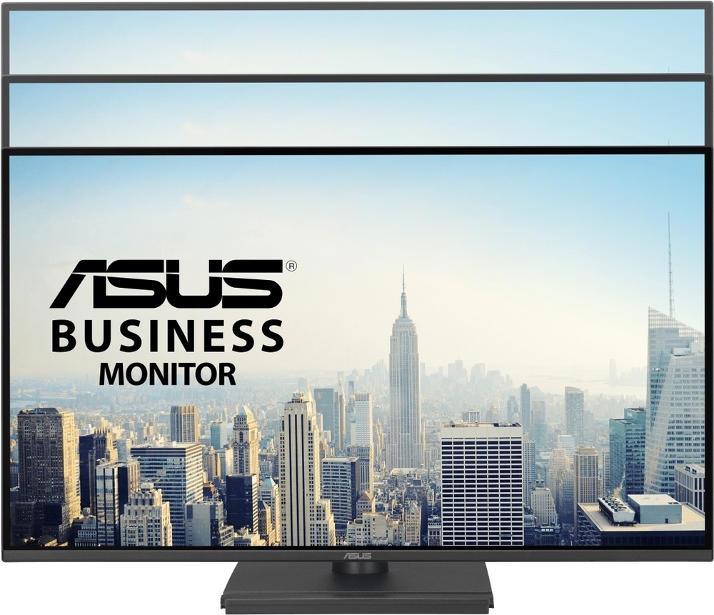 Na obrázku je monitor Asus BE27AQ 27" z čelního pohledu. Jsou zde znázorněné tři různé výškové polohy displeje, které ukazují možnost výškového nastavení na stojanu. Monitor má tenké rámečky, širší spodní lištu s logem Asus a tmavě šedé provedení. Stojan tvoří krátký sloupek a široká hranatá základna, která působí stabilně a kancelářsky.