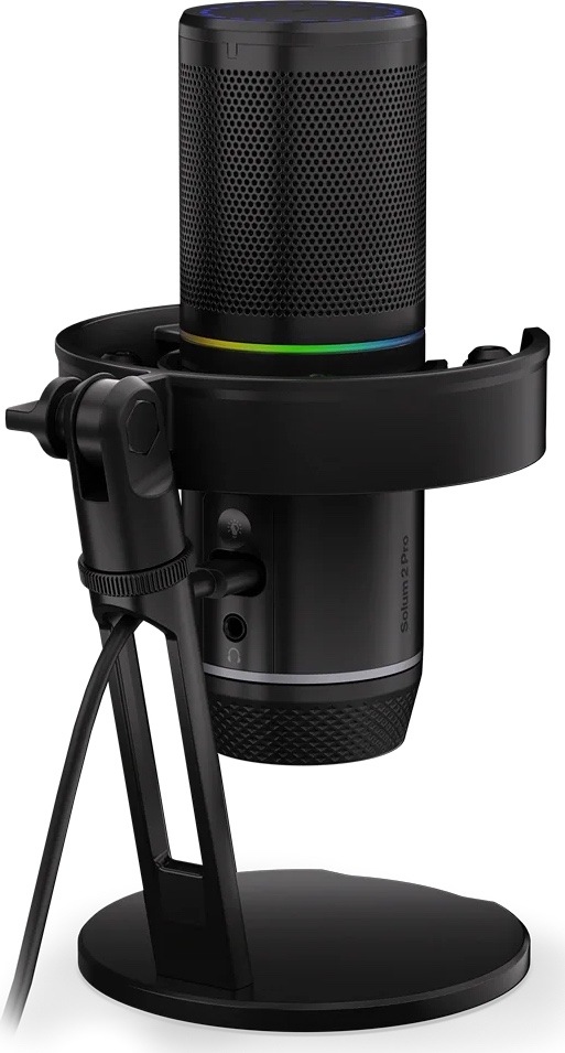 Mikrofon ENDORFY Solum 2 Pro černý Zadní pohled na mikrofon ENDORFY Solum 2 Pro s připojeným USB-C kabelem, 3,5mm sluchátkovým výstupem a RGB podsvícením.