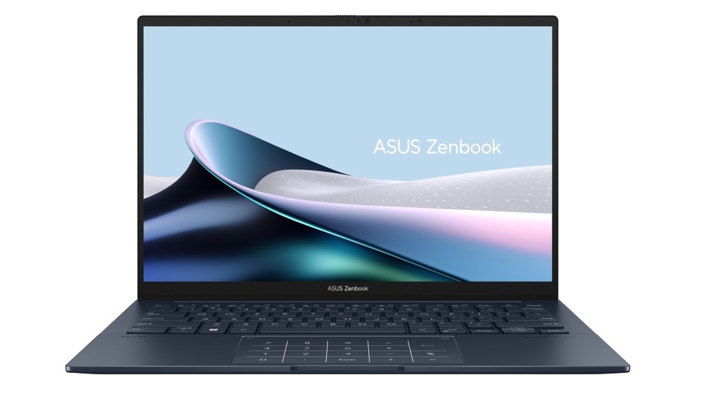 Otevřený a zapnutý notebook Asus Zenbook 14 zepředu