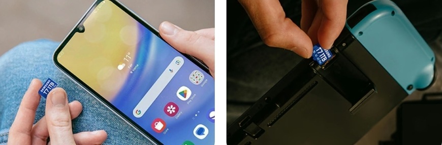 MicroSD karta vložená do smartphonu a herní konzole