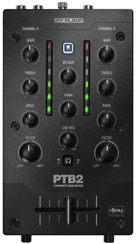 Mixážní pult Reloop PTB-2 v černém provedení s ovládacími prvky a crossfaderem