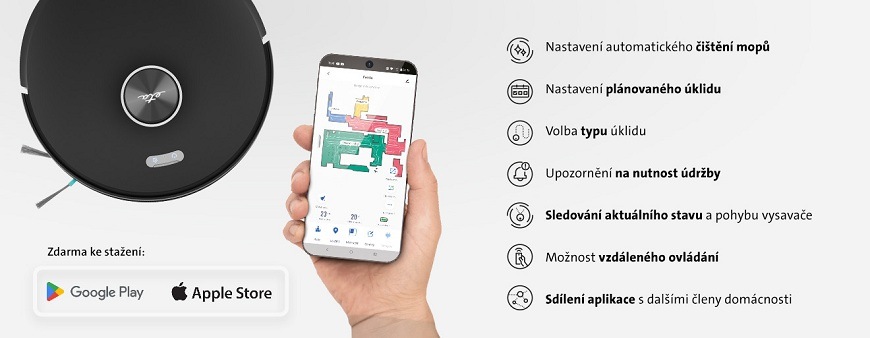 Chytrá mobilní aplikace pro robotický vysavač ETA Nuovo 30 s mapou úklidu, plánováním a vzdáleným ovládáním pro Android a iOS