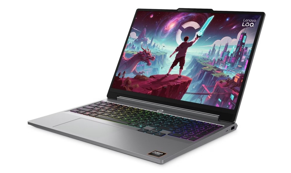 Notebook Lenovo LOQ 15AHP11 šedý Otevřený a zapnutý notebook Lenovo LOQ 15AHP11 otočený doleva