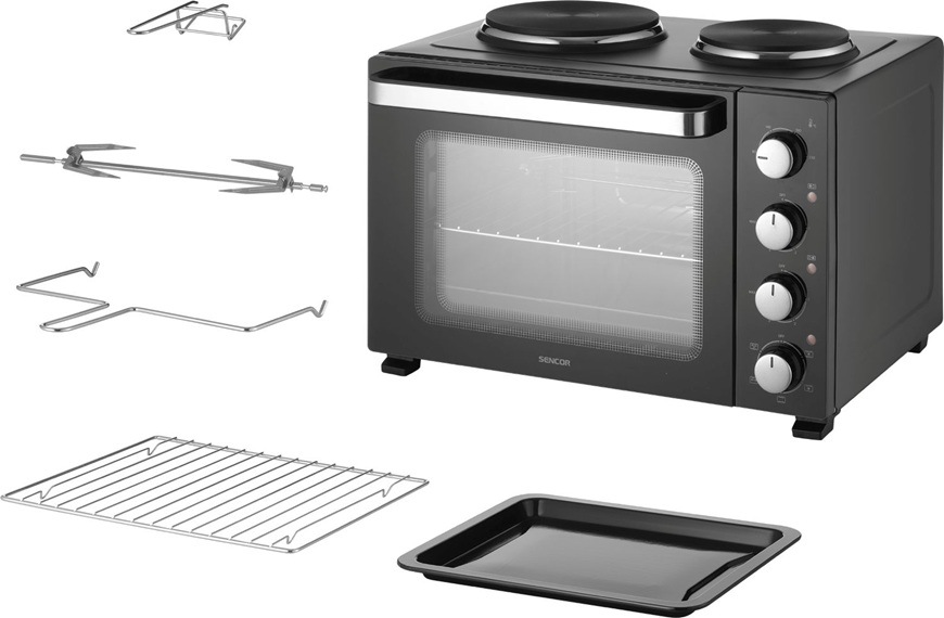 Mini trouba Sencor SEO 2800BK se 2 plotýnkami a příslušenstvím.