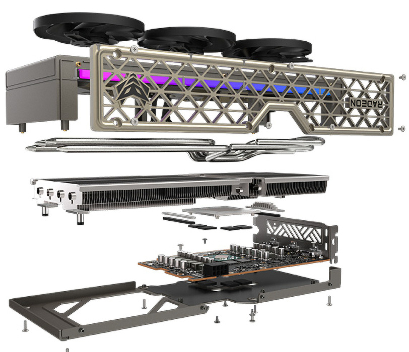 Explodované zobrazení konstrukce Sapphire Nitro+ RX 9060 XT ukazující vrstvy chladiče a komponent