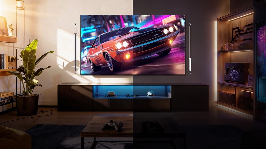 televize Hisense 65E7S PRO s jedoucím autem na displeji visí na zdi v obýváku, na každé polovině tv jsou ukázané jiné světelné podmínky