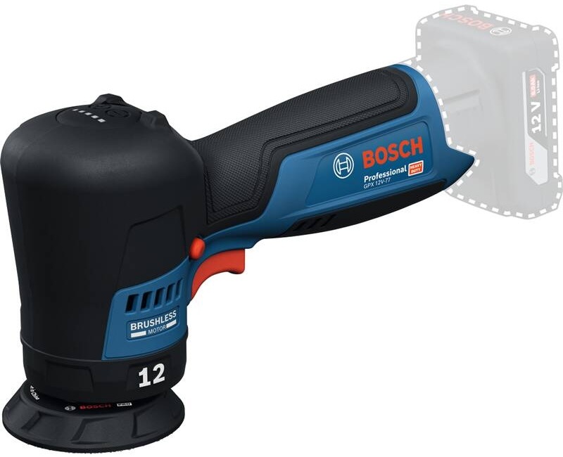 Leštička Bosch Professional GPX 12V-77 bez akumulátoru v detailním bočním pohledu s viditelným bezuhlíkovým motorem a ergonomickou rukojetí