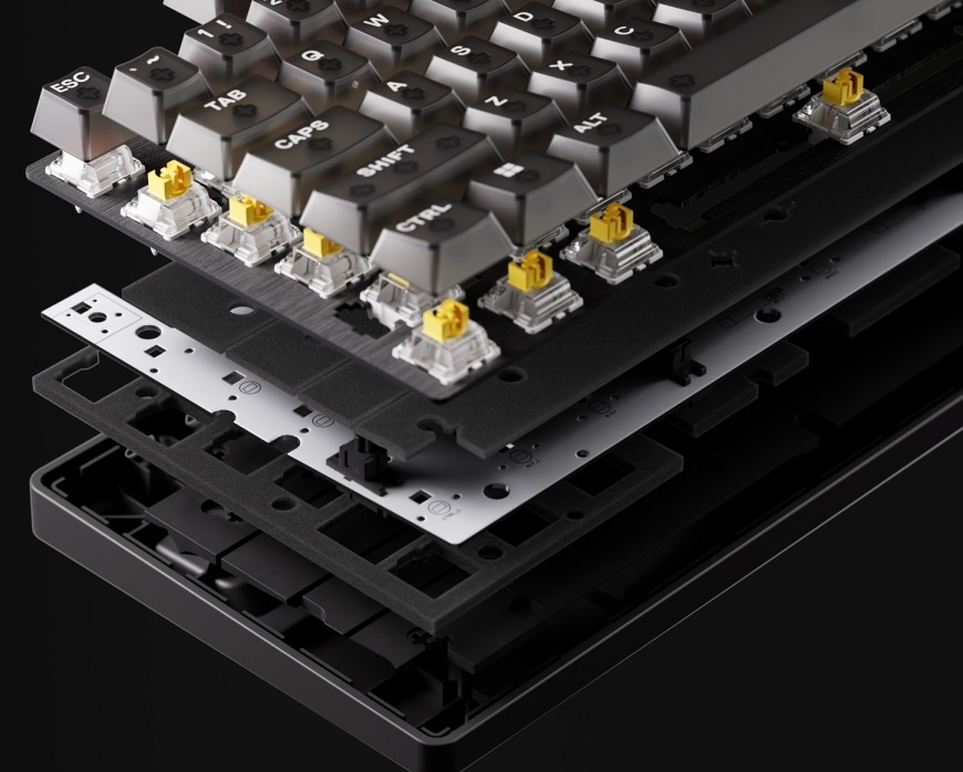 Klávesnice SteelSeries Apex Pro TKL Gen 3 Steel - US černá Rozložená konstrukce Apex Pro TKL Gen 3 Steel s krytkami, spínači, deskou a tlumicími vrstvami