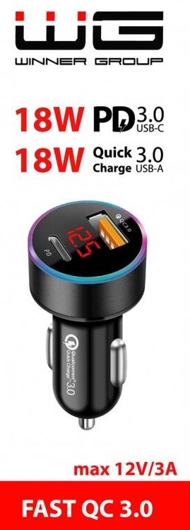 Adaptér do auta WG USB QC 3.0, USB-C PD, 2x18 W černý
