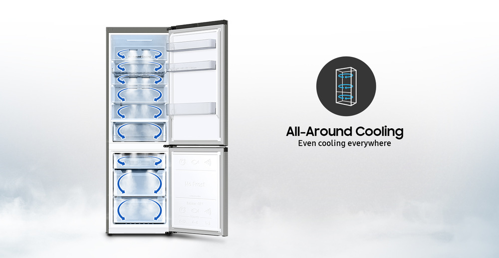 Chladnička s mrazničkou Samsung RB34C600ESA/EF stříbrná Otevřená lednice se znázorněním systému All-Around Cooling