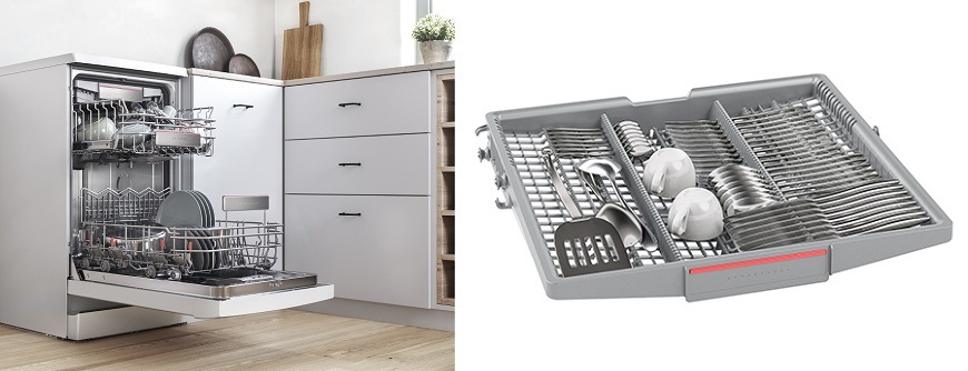 Myčka nádobí Bosch Serie 4 SBH4HVX14E Otevřená myčka Bosch SPV6EMX09E, flexibilní koše VarioFlex a příborová zásuvka