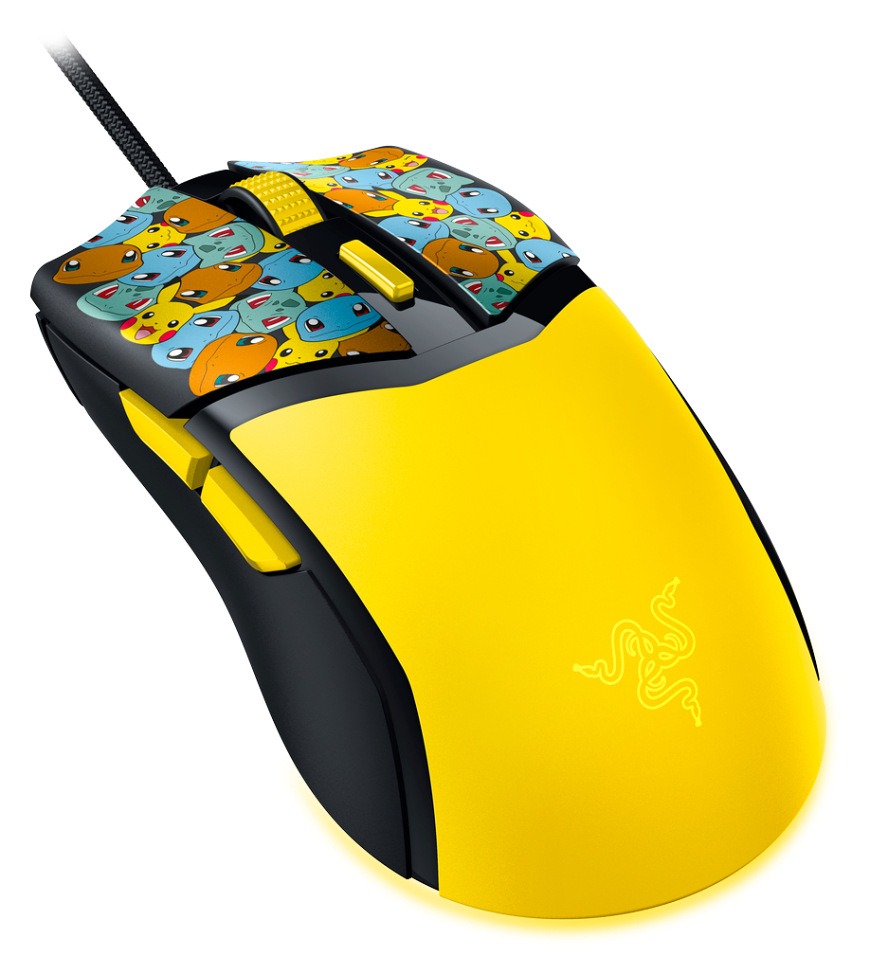 Herní myš Razer Cobra Pokémon Kanto Starters Edition s výrazným žlutým designem a motivy Pokémonů