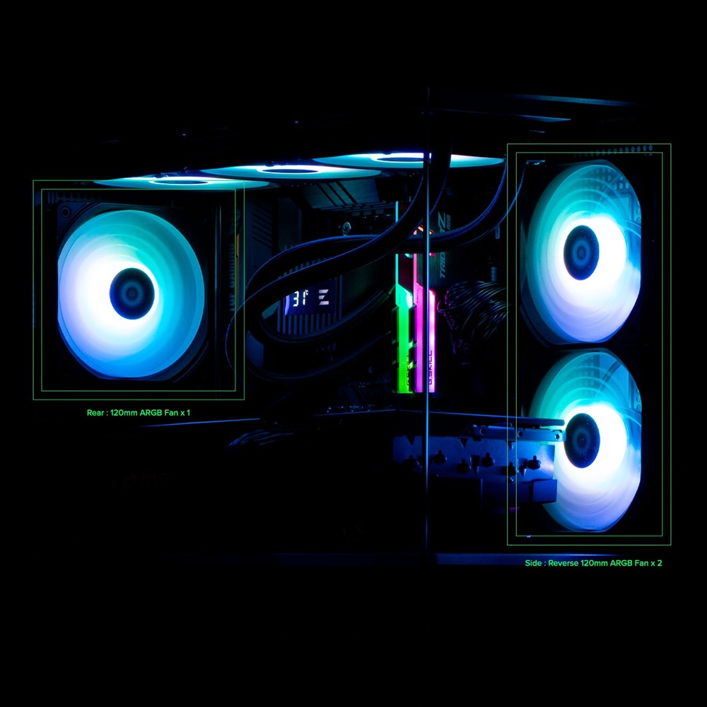  Uvnitř tmavé počítačové skříně, zářící odstíny modrých a fialových LED světel ze tří RGB ventilátorů a RAM modulů, což vytváří futuristický dojem.