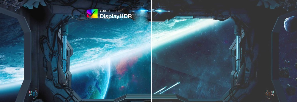 Herní monitor Acer Nitro XV345CURX černý Obrazovka rozdělená na dvě části. Ta s textem VESA Display HDR je světlejší a druhá bez zapnuté funkce je tmavší.