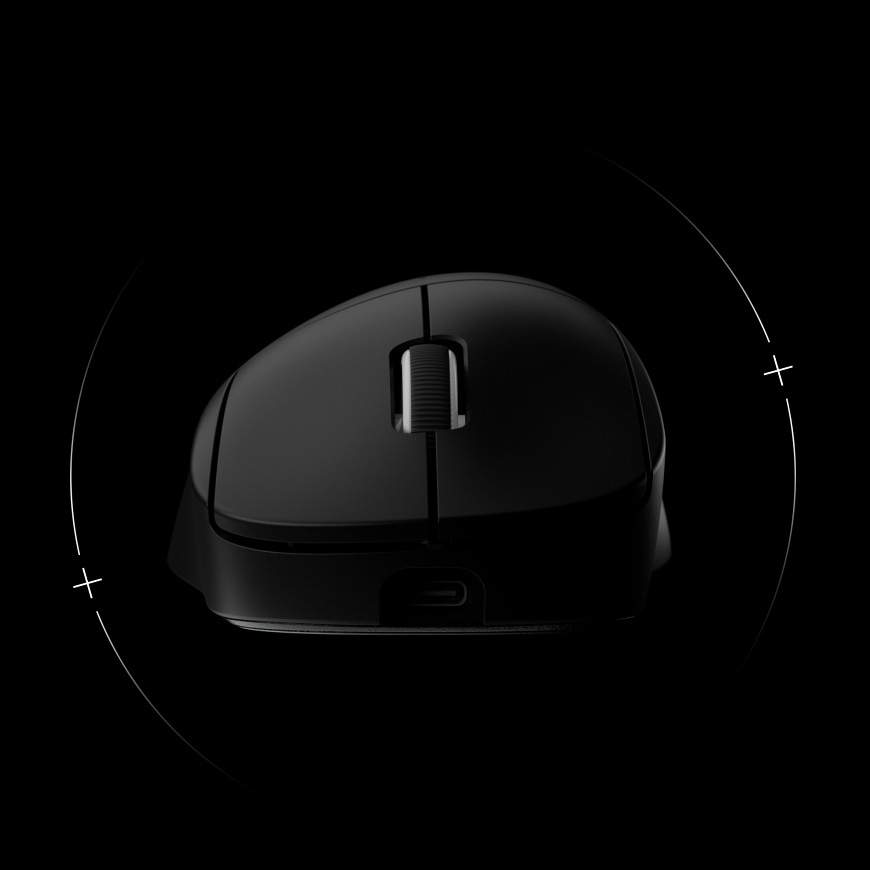 Pohled zepředu na myš Logitech G PRO X Superlight 2 DEX SE s rolovacím kolečkem a USB-C konektorem