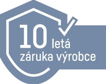 Logo 10leté záruky na celý spotřebič Liebherr. Text "10letá záruka výrobce" je napsaný bílým písmem na šedém štítu.