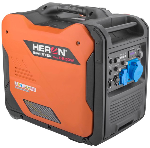 Oranžová invertorová elektrocentrála HERON 8896227 s výkonem 5500 W a transportní rukojetí