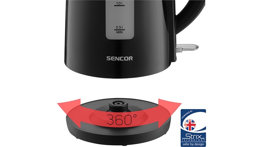 Rychlovarná konvice Sencor SWK 2710BK, 1,7 l černá Detailní záběr na spodní část rychlovarné konvice Sencor SWK 2710BK a 360stupňový podstavec.
