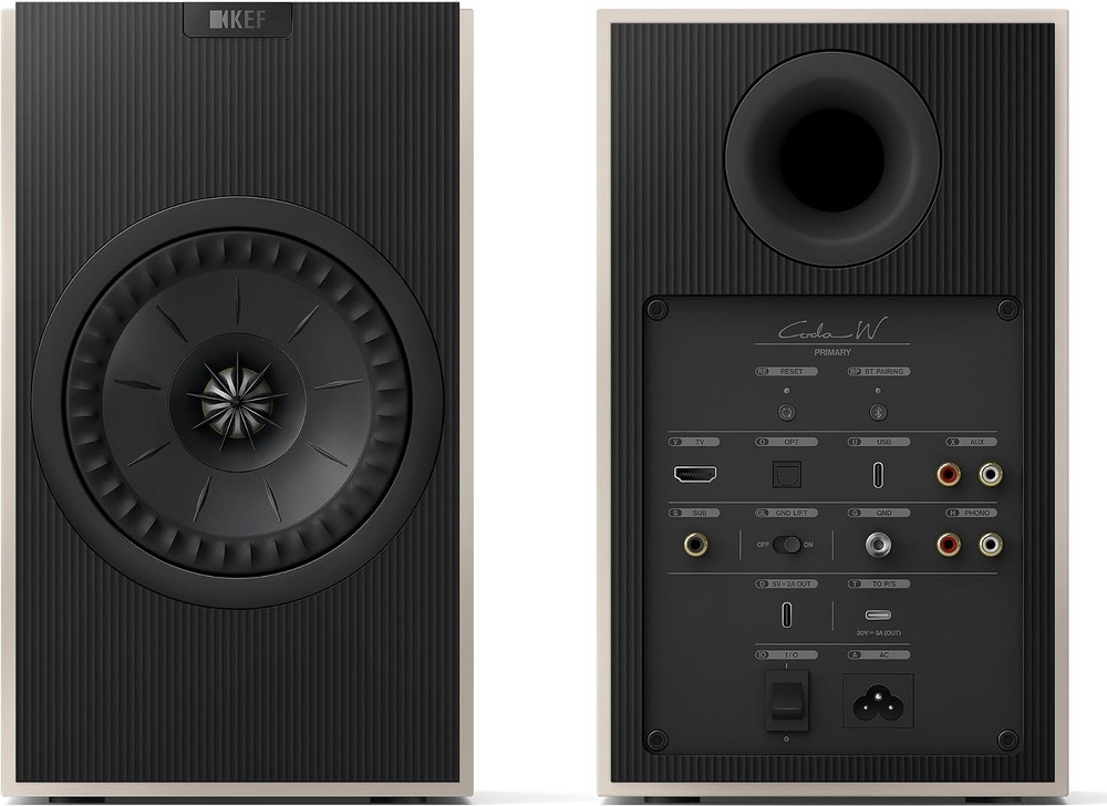 Reproduktory KEF Coda W (2 ks) šedé Aktivní reproduktor KEF Coda W zepředu a zezadu s přehledem konektorů včetně HDMI, USB-C, optického vstupu, RCA a výstupu pro subwoofer