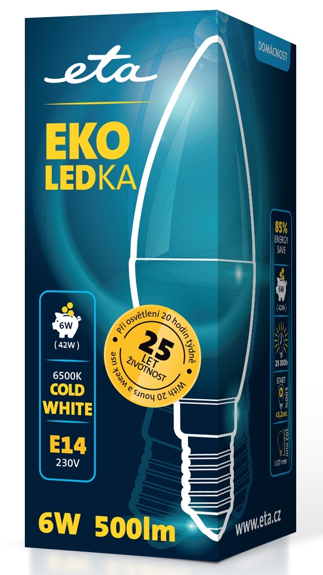 Modro-žlutá krabička úsporné LED žárovky ETA EKO LEDka E14 s informacemi o příkonu 6W, svítivosti 500 lm a životnosti až 25 let