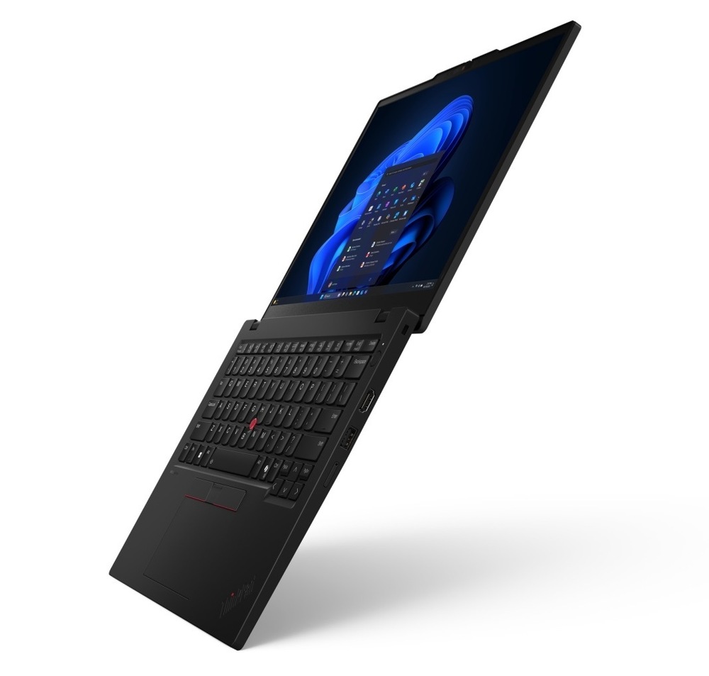 Notebook Lenovo ThinkPad L13 Gen 6 otevřený na 180° zboku