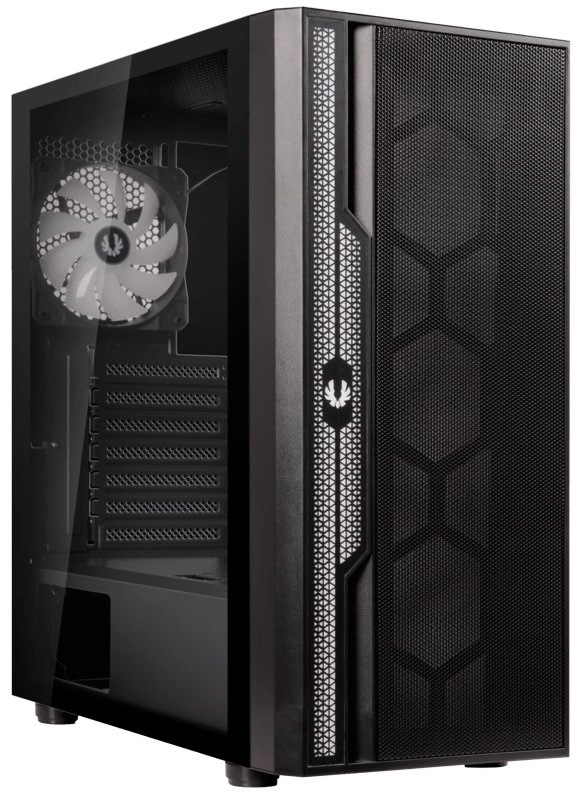 Case BitFenix Apollo černá Pohled na PC skříň z levé přední strany. Je vidět vnitřek ventilátor na zadní stěně. Také jsou vidět jemně perforované části PC skříně - přední čelo, zadní stěna s otvory.