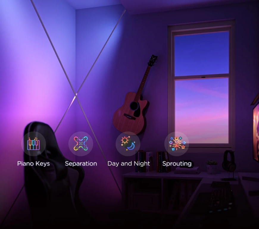 LED pásek Govee Skyline RGBICWW, Matter, 4m bílý Kytara na zdi a ikonky některých efektů LED pásku Govee Skyline RGBICWW