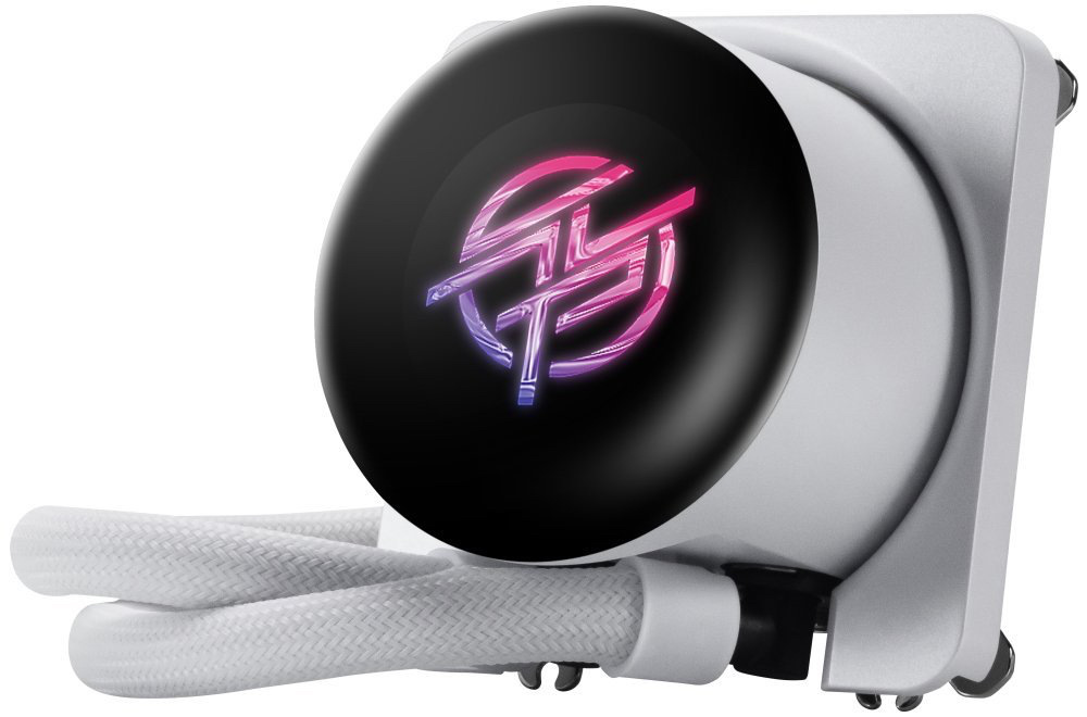 Vodní chladič MSI MPG CoreLiquid P13 360 White bílý Na obrázku je detail bloku pumpy vodního chladiče MSI v bílém provedení. Přední kruhová plocha je černá a uprostřed svítí stylizované RGB logo MSI v růžovo-fialových tónech. Ze spodní části vedou dvě bílé opletené hadice a celek působí čistě, moderně a elegantně.