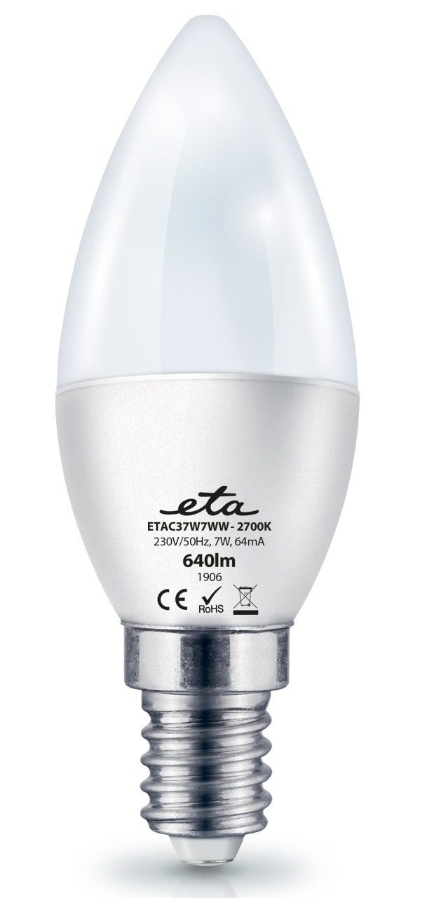 Žárovka LED ETA EKO LEDka svíčka 7W, E14, teplá bílá Detail svíčkové LED žárovky ETA EKO LEDka 7W, 640 lm, s paticí E14 a jasně viditelnými technickými údaji o příkonu, svítivosti a barevné teplotě 2700K na bázi žárovky.