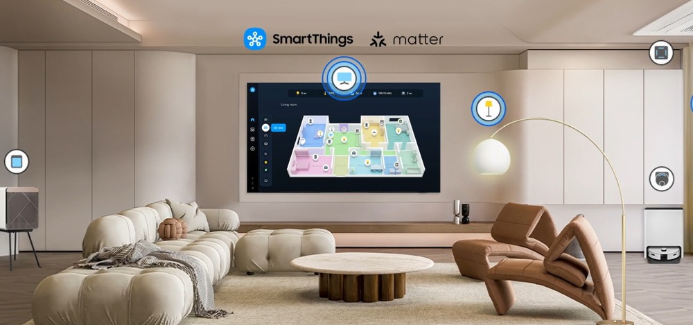 Televize Samsung UE50U7022F - Aplikace SmartThings na televizi Samsung v obývacím pokoji