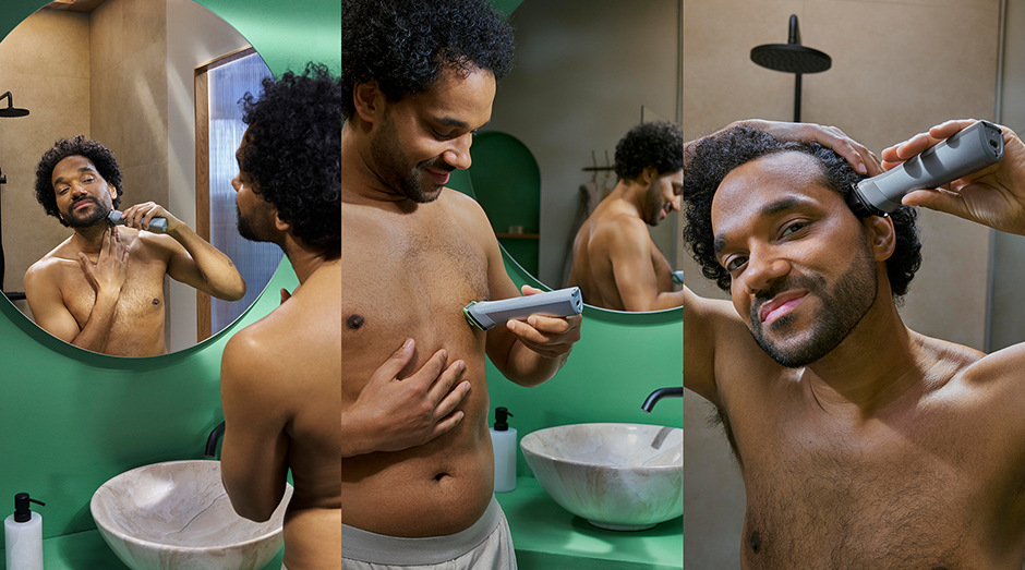 Muž si zastřihuje vousy, chloupky na hrudi a vlasy pomocí multifunkčního zastřihovače Philips MG5941/15