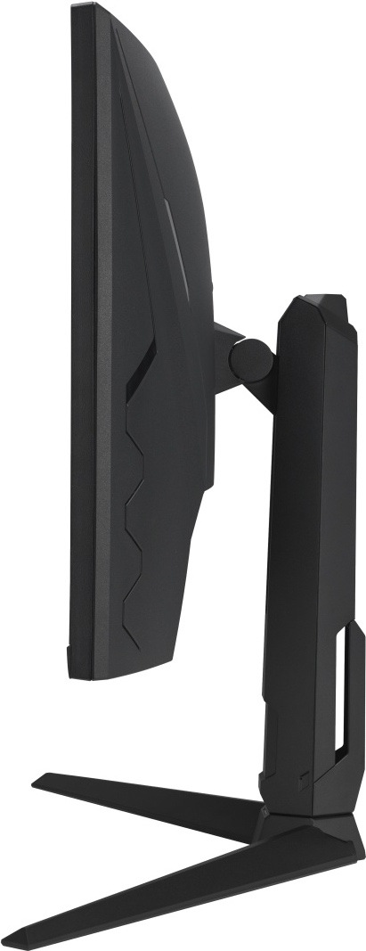 Herní monitor Asus TUF Gaming VG34WQML5A černý Na obrázku je herní monitor Asus TUF Gaming VG34WQML5A z bočního pohledu. Dobře je vidět prohnuté tělo displeje, černý zadní kryt s hranatým herním vzorem a uchycení ke stojanu přes kulový kloub. Monitor stojí na robustním černém stojanu se široce rozkročenou základnou a otvorem pro vedení kabelů. Snímek zdůrazňuje zakřivení obrazovky, boční profil a stabilní konstrukci monitoru.