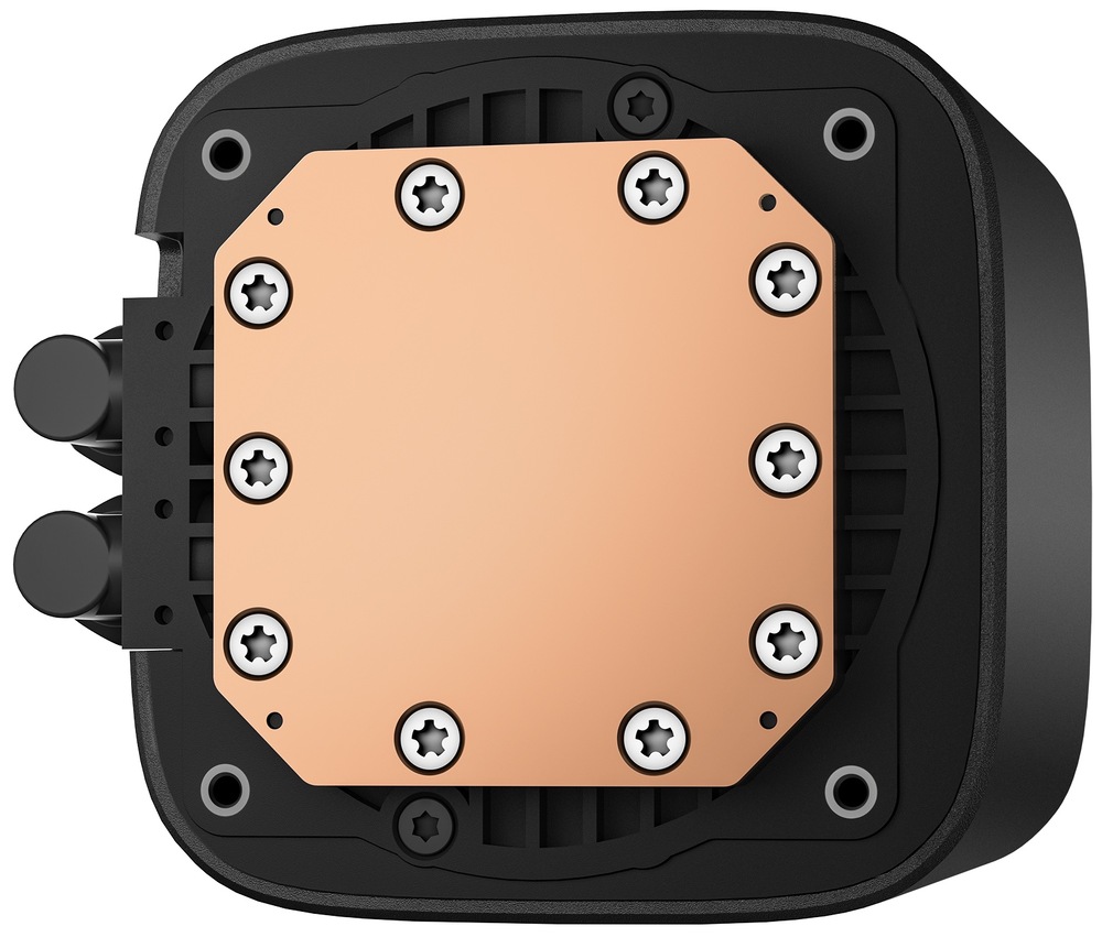Vodní chladič DeepCool LE360 V2 černý Na snímku je zachycena spodní část pumpy, která má měděný podklad pro lepší odvod tepla.