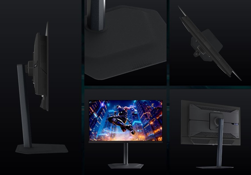 Herní monitor GIGABYTE MO27Q3 černý Koláž elegantního černého herního monitoru zobrazeného z různých úhlů, s důrazem na jeho štíhlý profil, texturovanou základnu a displej s 3D grafikou.