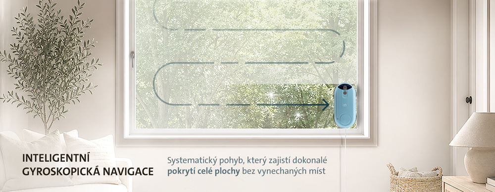 Robotický čistič oken ETA Finestro Smart myjící okno s ukázkou dráhy inteligentní gyroskopické navigace pro systematický pohyb a pokrytí celé plochy