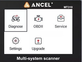 Diagnostika vozu Ancel MT310 černá Detail displeje diagnostiky Ancel MT310 s nabídkou Diagnose, OBDII, Service, Settings a Upgrade.