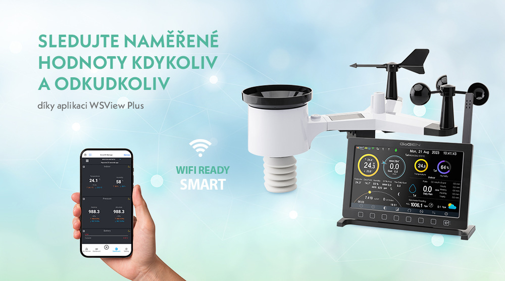 Wi-Fi meteostanice GoGEN ME 7900 s mobilní aplikací WSView Plus zobrazující naměřené hodnoty teploty, tlaku a srážek na smartphonu v reálném čase