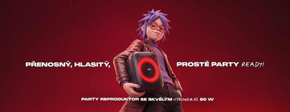 Kreslená postavička držící přenosný Bluetooth party reproduktor JVC XS-EP314B s výkonem 80 W a červeným LED podsvícením – banner s textem „Přenosný, hlasitý, prostě party ready!“