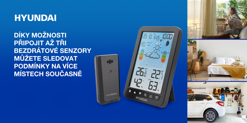 Černá meteostanice Hyundai 2420 s barevným displejem a externím bezdrátovým senzorem. Koláž vpravo znázorňuje použití v různých prostředích: na balkoně, v ložnici a v garáži