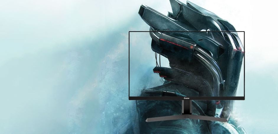 Herní monitor IIYAMA G-Master G2771HS-B1 černý Monitor s futuristickým designem na displeji a tím samým elegantním abstraktním pozadím se sci-fi bojovníkem.